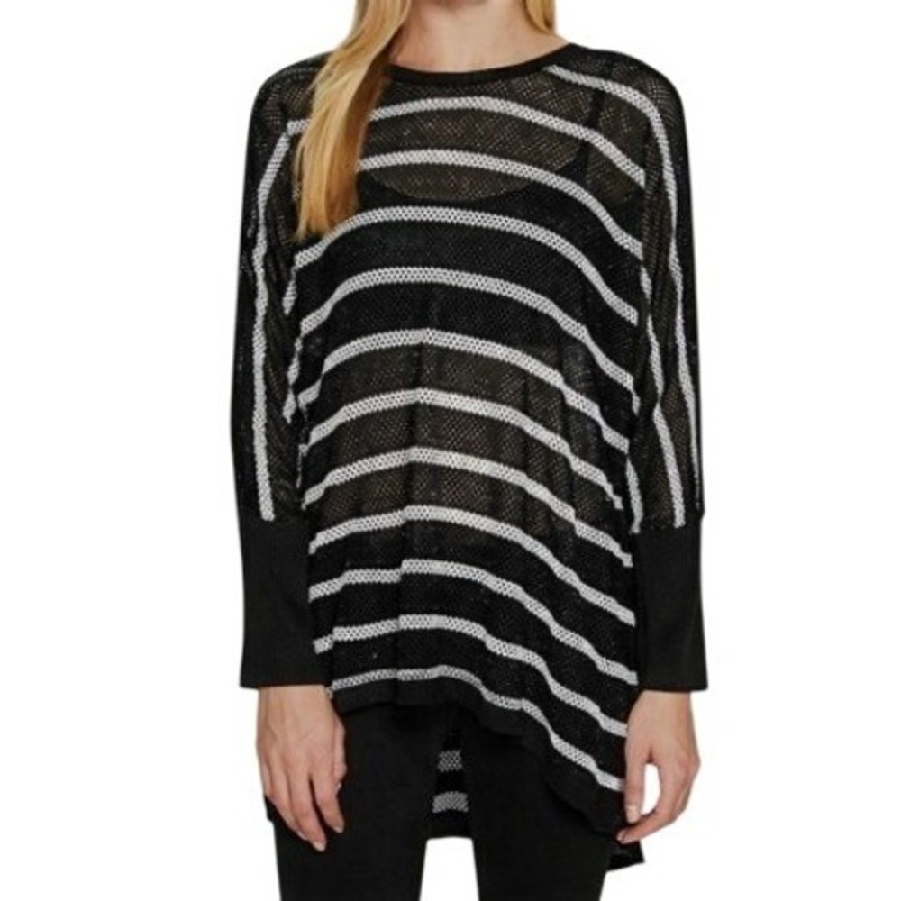 Blanc Noir Women's Black White Striped Mesh Dolman Sleeve Tunic Sweater Size M